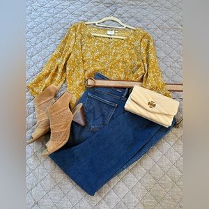 Anthropology 3/4 sleeve blouse in mustard yellow floral, size 14